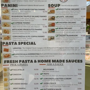 a menu for pasta special