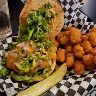 Big Mac burger with tots