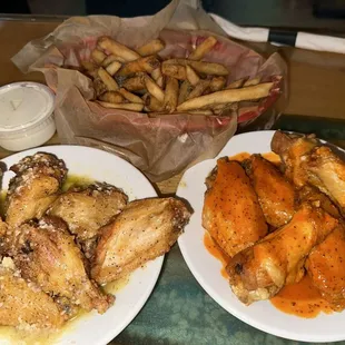 Pymatuning Wings and Hot Wings with a basket of fries