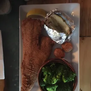 Cod sand naked w/ baked &amp; broccoli &amp; hush puppies! Yummy