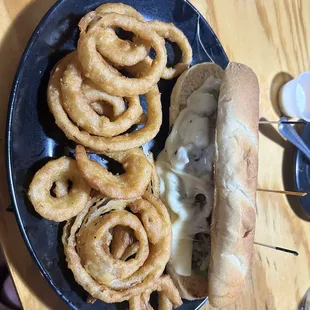 Philly Cheesesteak and Onion Rings