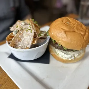 Cocoa and Coffee Burger with a side of bleu cheese kettle chips