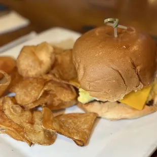 a plate of chips and a sandwich