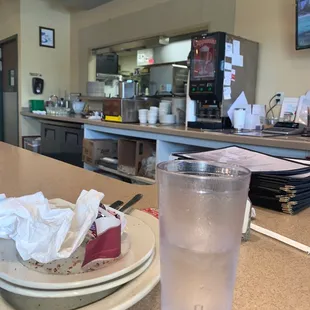 a plate of food and a glass of water