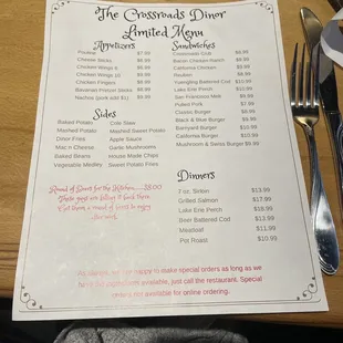Limited lunch/dinner menu