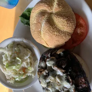 Hamburger with bleu cheese and mushrooms