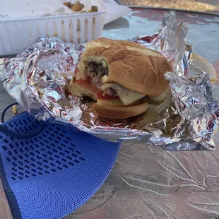 Smoke burger with pepper jack! And fries!