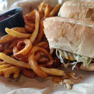 Sriracha bourbon pork with crow fries combo