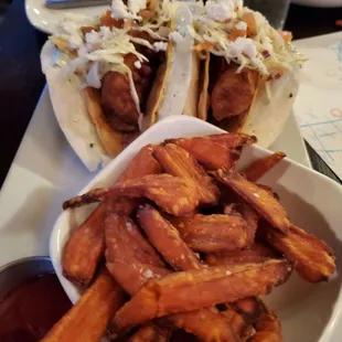 Fish tacos with sweet potatoes fries
