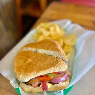 a sandwich and chips on a table
