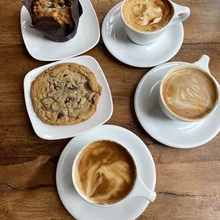 Cappuccino, Chocolate Chip Cookie &amp; Blueberry Muffin.