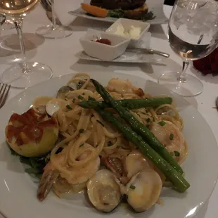 Linguine with clams and shrimp.