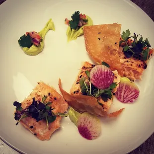 Sous-Vide Salmon with guacamole, sesame won ton and watermelon radish! Chef Special