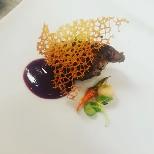 Duck breast, blackberry gastrique, parmesan tuile