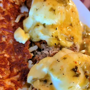 COWBOY BENEDICT - carnitas, hollandaise,  hatch chiles