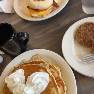 Chocolate chip pancakes, breakfast sandwiches