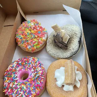Churro, s'mores, fruit cereal and Homer donut