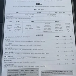 Pizza menu