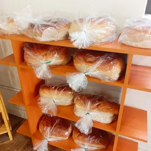 a shelf of bread
