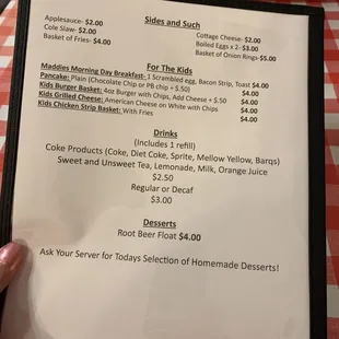Kid's menu