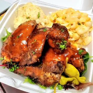 a meal in a styrofoam container