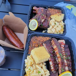 We got bbq chicken with a side of baked beans &amp; mac&amp;cheese! Cornbread &amp; hot links &amp; Bqq Ribs