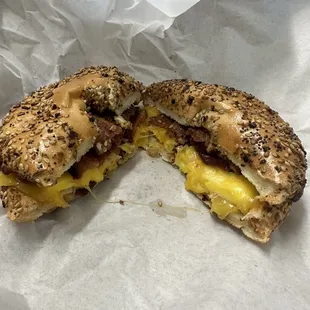 Bacon breakfast sandwich on everything bagel.