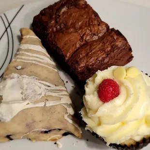 Brownie, blueberry scone, white chocolate raspberry cupcake