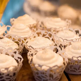 a tray of cupcakes