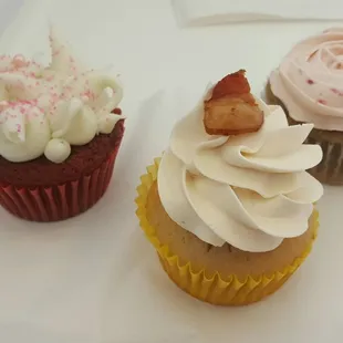 (From left to right) Red velvet, maple bacon, and a raspberry swirl.