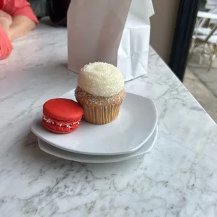 Strawberry champagne cupcake and Valentine&apos;s themed macaron