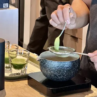 Preparation of their Matcha Flight. Too bad they don't use a chashaku, bamboo tea spoon. But no problem.