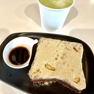 Oatmilk Pandan Matcha Latte &amp; Breadshop Brioche Kinako Sugar Toast w kuromitsu syrup.