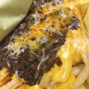 Close up of the Chili Cheese Fries. I&apos;d like them better if they had less or no nacho cheese but more shredded cheese on top!