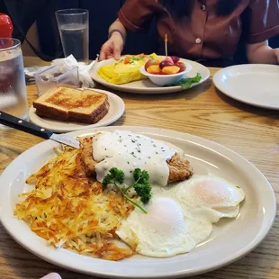 Chicken fried steak, seafood omelette