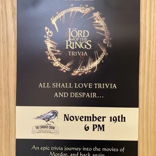 Advertisement for Lord of the Rings trivia.