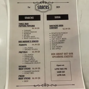 Snack menu as of 11/19/2024
