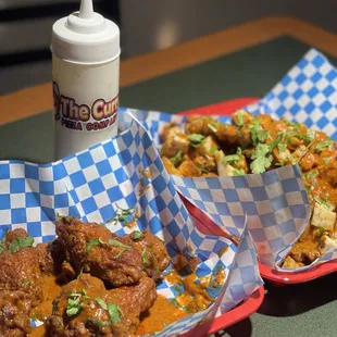 Wings, Curry waffle fries and in house ranch dressing