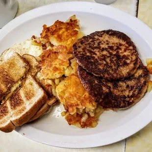 Eggs, Hash Browns, Sausage and Toast at The Curve