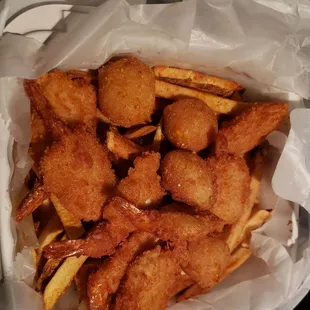 Shrimp, hush puppies and fries
