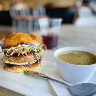 Salmon Burger special  Chickpea and Rosemary Soup