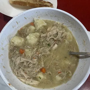 Chicken and Dumplings with ciabatta bread.