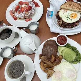 Buttermilk pancakes (x3) Corn beef hash- over easy eggs  2 egg breakfast - sub avocado for toast