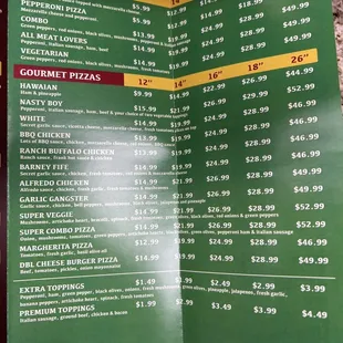Pizza menu