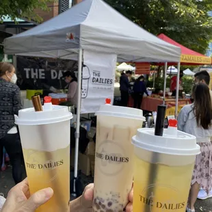 Two Bartlett &amp; Asian pear green teas w/3Q boba and one classic milk tea with the whole crew (boba, red beans, 3Q boba, lychee)!