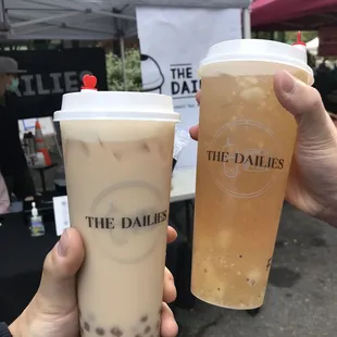 Classic Milk Tea with Golden Boba and Apple Green Tea with Kiwi and 3Q Boba