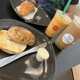 Medium Thai tea w/crystal boba, large Vietnamese iced coffee w/coffee jelly, everything bagel w/cream cheese, butter croissant