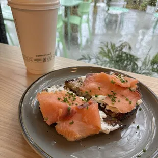 Smoked salmon toast + caramel latte