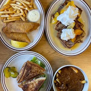 Fried Bologna Sandwich with Chili Fries, Peaches and Cream French Toast, and Fish and Chips with Fries