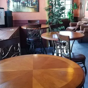 A view from the entrance of the high tops. Love the variety of seating options.